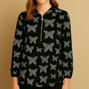 Nextmia Chiffon Butterfly Embroidered black/wht Lined flowy Whimsy blouse Size14